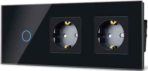 TAWOIA Normaler Lichtschalter mit Steckdose,EU Standard 2 Fach Steckdose Unterputz 1 Fach 1 Wege Lichtschalter Glasscheibe 86 * 228mm Schwarz