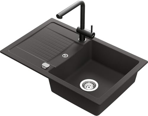SCHOCK Set schwarz aus Spüle Lima D-100S Nero 78x50 cm und Küchenarmatur Epos Festauslauf Puro – Pflegeleichte, robuste Quarzkomposit-Oberfläche