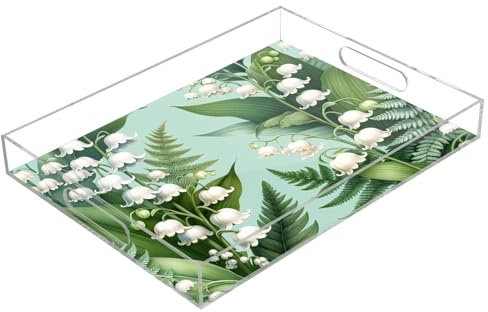 YANENDIE Palm Leaf Lily Floral Serving Tray, Decorative Ottoman Trays with Handles for Breakfast, Coffee Table, Dining Room, Party - 16 x 12