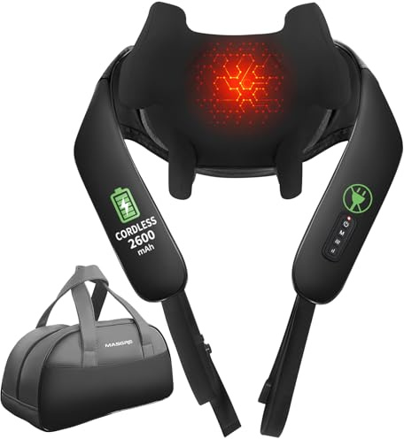 MASGRE Shiatsu Neck and Back Massager with Heat, Upgraded 2600mAh Cordless Shoulder Massager Deep Tissue 6D Kneading with Carry Bag, Massages Pillow for Neck, Back, Shoulder, Body Gifts for Mom Dad