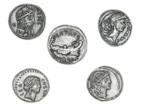 Monedas romanas antiguas del período Cayo Julio César chapadas en plata – Juego de reproducción de 5 piezas – Artesanía italiana, hechas a mano – Made in Italy
