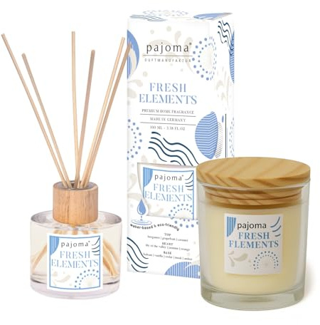 pajoma® Raumduft & Duftkerze Set Fresh Elements Diffuser 100 ml & Kerze 140 g im Glas mit Holzdeckel | Spritzige Duftmischung aus Bergamotte, Grapefruit & Karamell | Stilvolle Deko & Geschenkidee