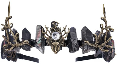 PartyforU Renaissance Elf Kristall Krone Cosplay Handgemachte Mittelalter Fee Kopfschmuck mit Hirschkopf für Damen Herren Zubehör