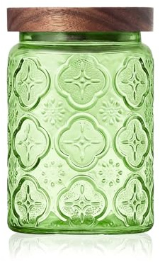 Glass Jar with Wooden Lid - 700 ML Christmas Airtight Storage Canister for Kitchen Pantry Bathroom, Decorative Retro Container for Candy, Biscuit, Cookie, Sweet, Tea, Coffee, Sugar, Green Begonia