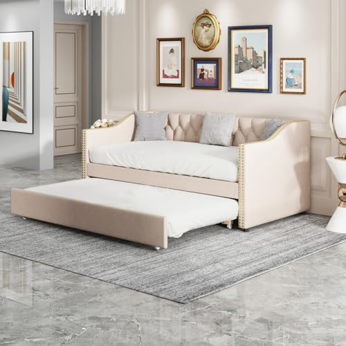 MISNODE Lit avec sommier à lattes escamotable 90x200 cm, canapé-lit rembourré escamotable avec lit gigogne, canapé-lit avec lit escamotable pour chambre à coucher salon, lin, sans matelas (Beige C)