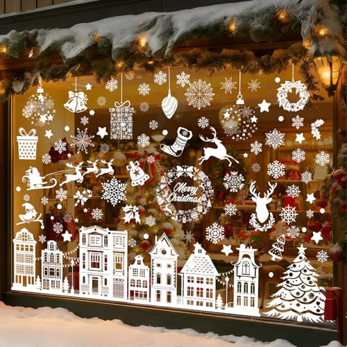 Etopgo Fensterbilder Weihnachten Selbstklebend, 10 Blätter 119 Stk Weihnachts Winter Haus Fensterbilder Wiederverwendbar, Statisch Haftende PVC Weihnachtsdeko Aufkleber, für Weihnachten deko