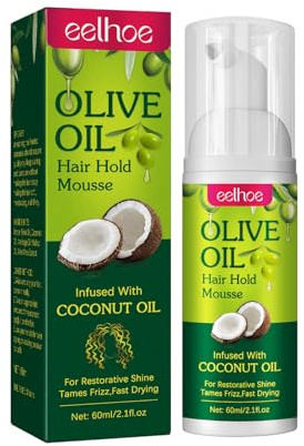 Olive Oil Hair Hold Mousse Infused with Coconut Oil Tames Frizz, Anti-Frizz, Fast Drying, Long Lasting Hold & Shine, Volumizing & Fluffy Curl Enhancer 60ml (2.11 fl oz)