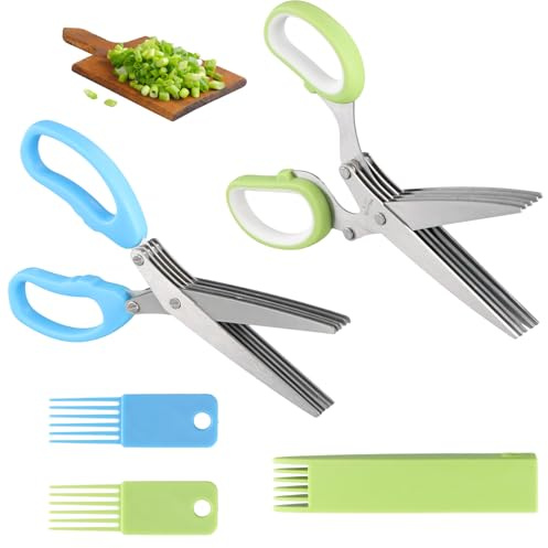 2 Pezzi Forbici per Erbe Aromatiche a 5 Lame, Forchetta per Cipolle in Acciaio Inox, Forbici per Verdure con Pettine per la Pulizia, Forbice Cucina per Erbe Aromatiche, Erba Cipollina, Prezzemolo