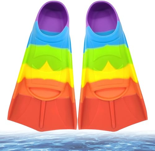 Aletas de natación para niños, de silicona, aletas cortas, aletas cortas para niños, aletas cortas de entrenamiento, aletas de buceo, aletas cortas para niños y niñas (colores del arco iris, XXS (27