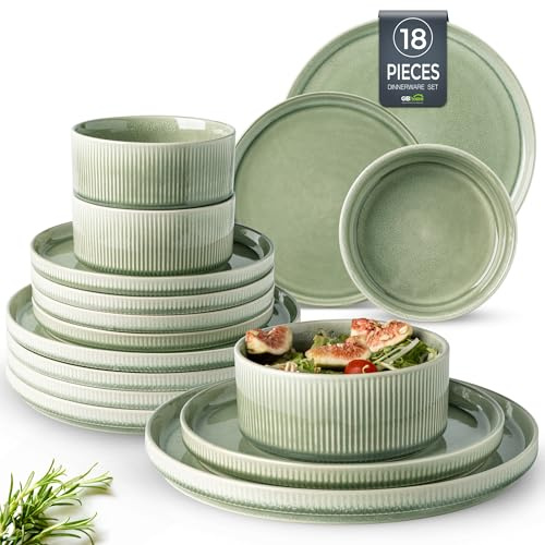 GBhome Steingut Geschirrset 6 Personen, 18-tlg Reaktive Glasur Handarbeit Steingut Geschirr Set, Mikrowellen- & Spülmaschinenfest Schüssel- und Teller Set