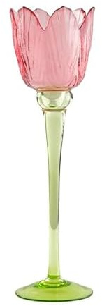 Dolly Parton Pink and Green Flower Shaped Glass Votive or Tealight Candle Holder, 3.14x3.14x10.82 Inch