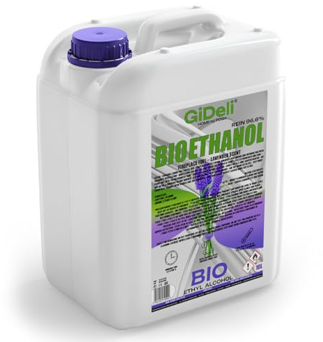 GiDeli Bioetanol 10 l aroma lavanda 96,6% etanol para interiores y exteriores chimeneas sin humo ni hollín – de maíz y remolacha azucarera