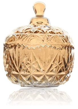Crystal Glass Candy Dish with Lid Clear Amber Decorative Covered Cookie Jar Storage Container Bowl Jewelry Box for Wedding Party Home Display (10.5x14cm)