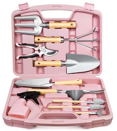 Grenebo Coffret Cadeau de 12 Outils de Jardinage, Outils de Jardinage résistants à la Rouille et Robustes avec Mallette de Transport Durable, Cadeaux de Jardinage pour Femmes et Hommes (Rose-Argent)