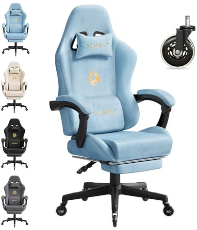 WOLTU Sedia da gaming, Sedia Gaming Ergonomica con Ruote Silenziose, Altezza e Inclinazione Regolabile, con Braccioli Sincronizzati e Poggiapiedi, in Tessuto Scamosciato, Blu