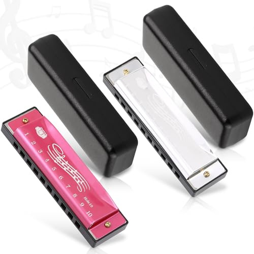 2Pcs Harmonica Kids, 10 Hole Harmonicas with 2 Cases, Metal Mouth Organ for Adults and Kids, C Key Diatonic Harmonica for Blues, Folk, Jazz, Rock Music(Pink, White)