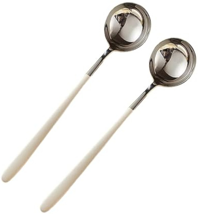 Juego De 2 Cucharas De Cena, Cuchara Sopera Grande Redonda De Acero Inoxidable Con Mango Largo, Cuchara De Postre, Juego De Cubiertos For El Hogar, La Cocina Y Restaurantes, 20,3 Cm(White,Small)
