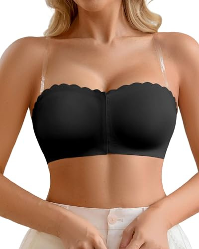 CheChury Seamless Strapless Bras for Women Bandeau Bra Push Up Front Fastening Padded Wireless Anti-Slip Tube Bra Multiway Bra Full Coverage Bralettes with Removable Transparent Straps,Black,XL