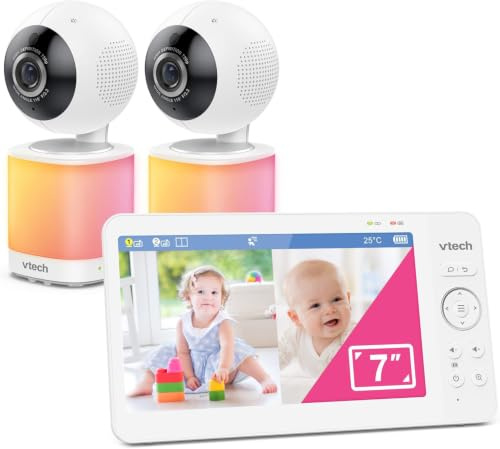 VTech Video-Babyphone mit 7 Farb-LCD-Bildschirm,360°-Panoramablick,Schwenken/Kippen/Zoom,Wiegenlieder&beruhigende Geräusche,Nachtlicht,Gegensprechfunktion,Touch-Bedienung,VM7468-2 mit Zwei Kameras