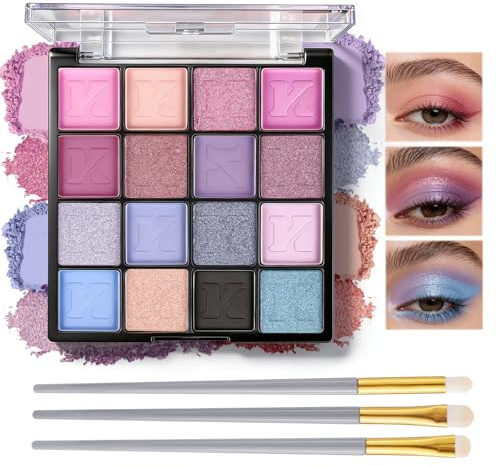 Prreal 16 färger ögonskuggspalett, blå ögonskuggad matta glitter, mycket pigmenterad färgglad ögonskugga pulver med borstar för pary konsert festival ögonmakeup, blå-lila