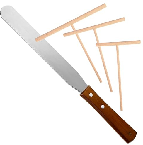 Crepe Spreader and Spatula Kit Crepe Tools Kit 1 Pcs 12.6 Stainless Steel Spatula Turner 3 Pcs 3.5 5 7 Wooden T-Shaped Batter Spreaders Pancake Tool for Any Size Pan Maker