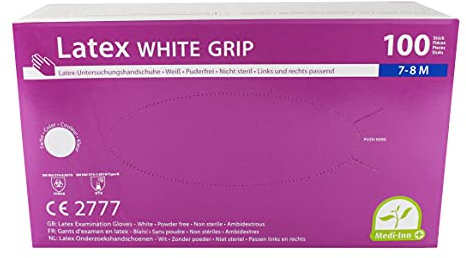 Medi-Inn Latex White Grip Einmalhandschuhe weiß puderfrei (Größe: M, Menge: 100 Stück)