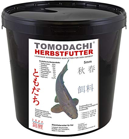 Herbstfutter für Koi, langsam sinkendes Koifutter für den Herbst, zur Vorbereitung auf den Winter, Tomodachi Autumn Food for Koi, 3kg im praktischen wiederverschließbaren Koifutter Eimer.