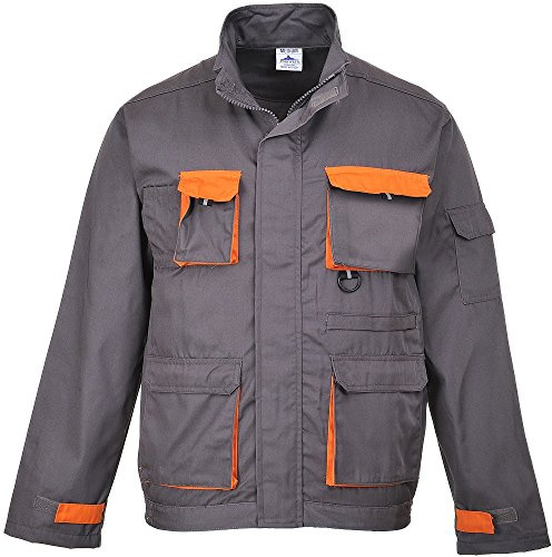 Portwest TX10 Texo Kontrast-Jacke 1 Reißverschlusstasche 2 Gesäßtaschen | Grau, M, UPF 50+, 40% Polyester, 60% Baumwolle, Stehkragen, Langarm, Normalgröße, Arbeitsjacke, Klettverschluss, Ärmeltasche