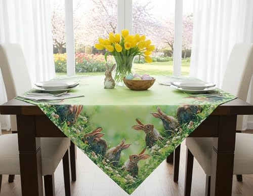 KAMACA Tischdecke 85x85 cm Hasen Trio Ostertischdecke quadratisch Bunte Frühlingstischdecke abwaschbar pflegeleicht Osterdeko für Küche Esstisch Wohnzimmer, Frühling & Ostern (85x85cm Hasen Trio)