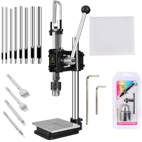 Leather Hole Puncher Hand Punching Machine Manual Press Puncher Punch Tools for DIY Craft (with Chuck, PP Plate and Aluminum Plate) (Style D)