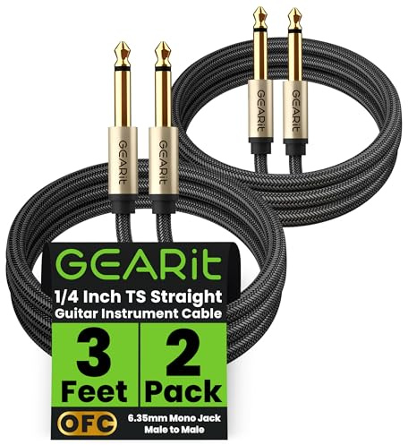 GEARit Guitar Instrument Cable (3ft 2-Pack) 1/4 Inch to 1/4 inch TS Straight Male to Male 6.35mm Mono Jack with Alloy Connector and Nylon Braid