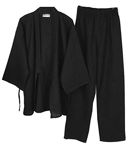 un-brand Men's Japanese Kimono Cotton Hanfu Ancient Pajamas Suit Plus Size Zen Clothing Taoist Clothing (Size L, Black)