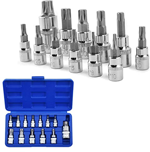 Noosverl 13 st Torx Bit Socket Set T8-T70 S2 stål sexkantiga hylsnycklar, manlig torxhylsa, Torx bit uttag 1/2 och 3/8 tum, tum