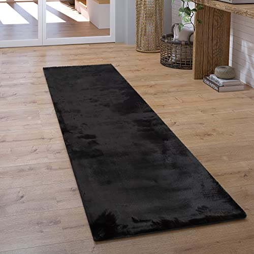 Paco Home Teppich Läufer Hochflor Wohnzimmer Flur Flauschig Schlafzimmer Fell Kunstfell Modern Fellimitat Einfarbig, Grösse:80x300 cm, Farbe:Schwarz