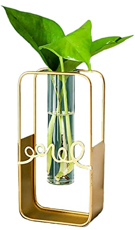 WDDP Pflanzenhalter Hydroponische Glasvase, Reagenzglas Vase Metall, Blumenvase, Pflanzen Glas Mit Metall Ständer, Schmiedeeisenrechteckig ‘Love’ Stil, Für Büro, Wohnzimmer Dekoration