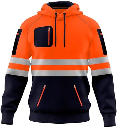 Mens Hi Vis Work Wear Pullover Hoodie Safety Sweatshirt Reflective Tape High Viz Hoodie High Visibility Sweatshirt Top Multi Zipper Pockets S-2XL