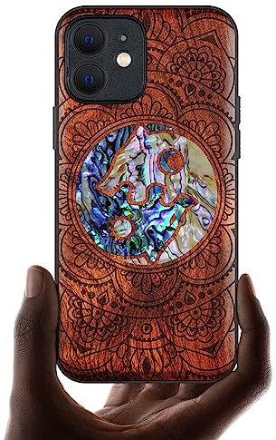 Carveit Coque magnétique pour iPhone 12 Mini Étui de Protection TPU Coque [Gravure en Bois et Incrustation de Coquille] Compatible avec 12 Mini Magsafe Artistique Coque (Rosé-Coquille Yin Yang Loup)