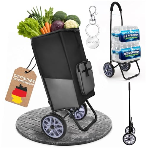 Allyson® Einkaufstrolley klappbar, Wasserabweisende 45L Tasche, Grau | Ergonomischer Griff, langlebige Räder, kompakt und platzsparend, Aluminiumrahmen, inklusive Einkaufswagenlöser.