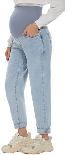 POSHGLAM Women's Maternity Boyfriend Jeans Over Belly Stretch Comfy Loose Casual Denim Pants with Pockets for Everyday Wear(Light Blue, Medium)