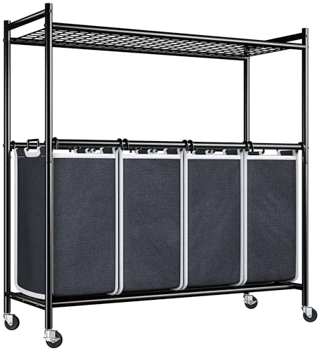 REIBII Laundry Sorter 4 Section Rolling Laundry Basket Hamper with Storage Shelf 180L Large 4 Compartments Washing Baskets with Wheel and Laundry Bags for Laundry Room, Bedroom, Bathroom
