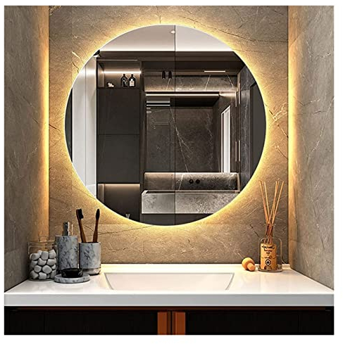 WhfPs Badezimmerspiegel, hintergrundbeleuchteter Spiegel, runder Kosmetikspiegel mit Lichtern, LED-beleuchtet, IP64 wasserdicht, Wandspiegel (Farbe: warmes Licht 3200 K, Größe: 70 x 70 cm)