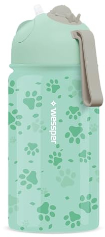 Wessper Trinkflasche Kinder mit Trinkhalm 410 ml Edelstahl, Auslaufsicher, Federleicht | 1-Klick Verschluss, BPA-Frei, für Kindergarten oder Schule, Sport - Minze mit Katzenmotiv