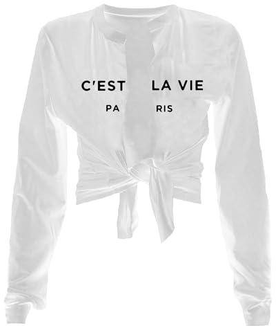 vblane Sexy Tie Front Crop Top for Women Long Sleeve Graphic Tee Shirt Clubwear White X-Large