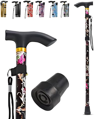 LZZAZ® Folding Walking Sticks for Men, Adjustable Height Walking Stick, Aluminum Walking Sticks for Women & Disability Aids, (Black Flowers)