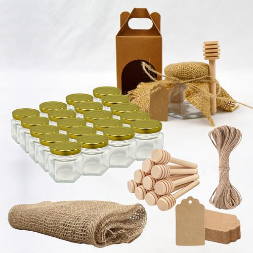 20x Petit Pot de Miel Hexagonal avec Couvercle 60ml + 20x Boîte Kraft pour 1 Pot + 20x Cuillère de Miel + 20x Bande de Tissu de Jute + 20x Étiquette Kraft + Ficelle de Jute - Conservation de Miel