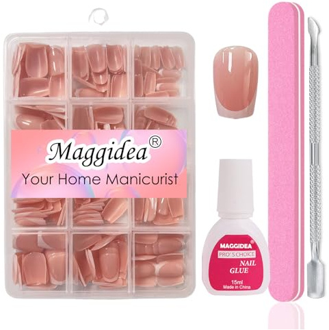 Maggidea French Press on Nails Set, 240Pcs Nude Fake Nails French Tip Glossy False Nails with Glue, Full Cover Ballerina Manicure Art Decorations for Girls Women