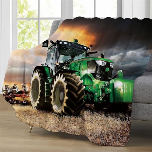 LXTOPN Traktor Decke, Farm Theme Flanelldecke, Für Kinder Jungen Erwachsene, Weiche Warme 150×200cm (Grüner Traktor, 150×200cm)