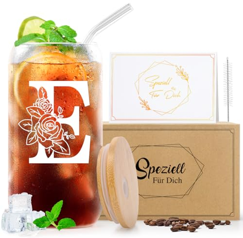 YiksunMY A-Z Buchstaben Personalisierte Geschenke für Frauen Männer Freundin Mama zum Geburtstag Weihnachten Valentinstag Geschenke für Frauen Ihn Sie Oma Paare, Glasbecher mit Deckel und Strohhalm