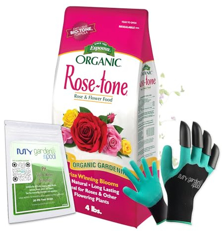 Espoma RT4 Organic Rose-Tone 4-3-2; 4 lb. Bag for All Types of Flowering Plants; with My Garden Pool PH Soil Test Strips 20 ct, and Gardening Claw Gloves and Garden-IQ, Smart Gardening AI Assistant!