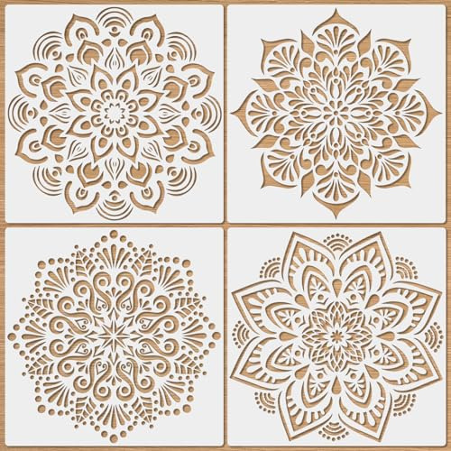 MWOOT 4 Pezzi Grandi Mandala Stencil per Pittura, Riutilizzabili Modello di Pittura per Pareti Muro, Disegno Graffiti Accessori DIY Verniciabile Decorazione Tegola Tela Pavimento Rocce Mobili Legno